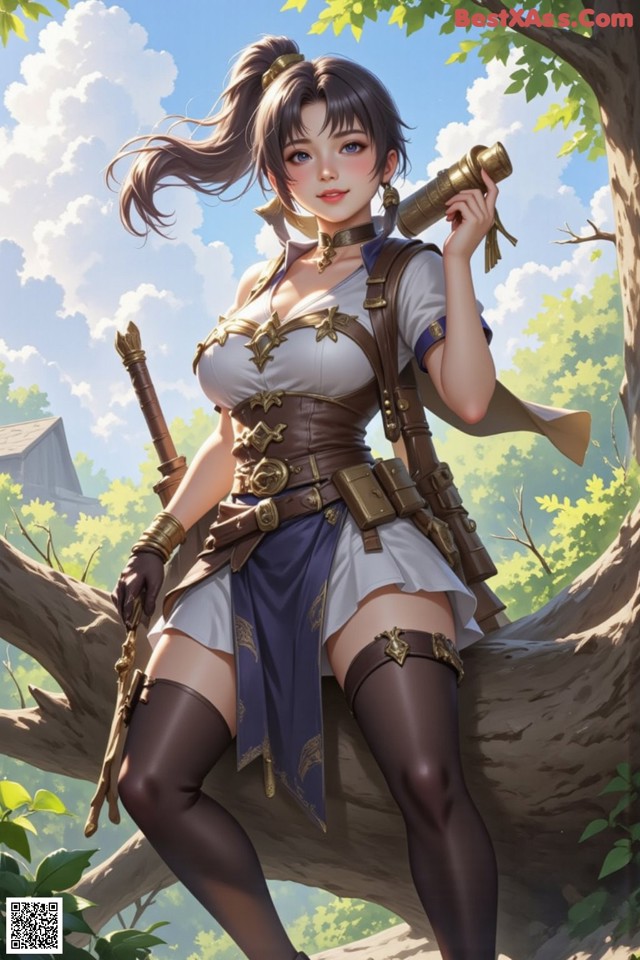 A woman sitting on a tree branch holding a gun.