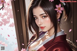 A woman in traditional attire holds a sword, standing outdoors with cherry blossoms.