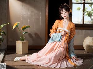 A woman in a pink kimono sitting on a bed.