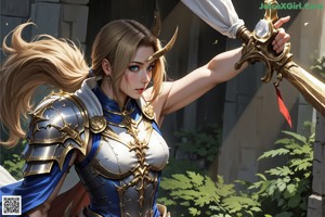 A woman in a white dress holding a sword.