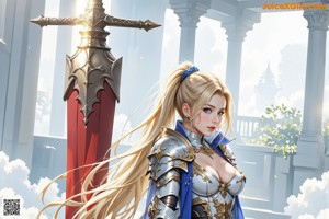 A woman with long blonde hair holding a sword.