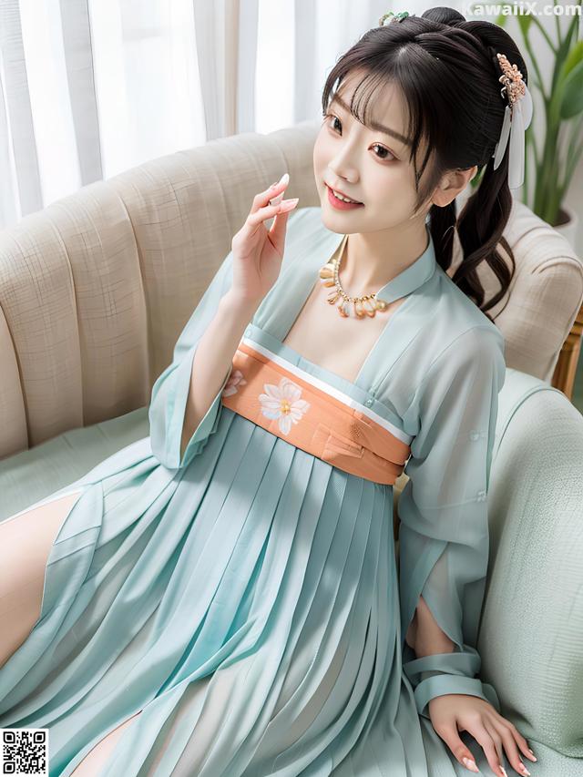 a woman in a blue dress sitting on a couch