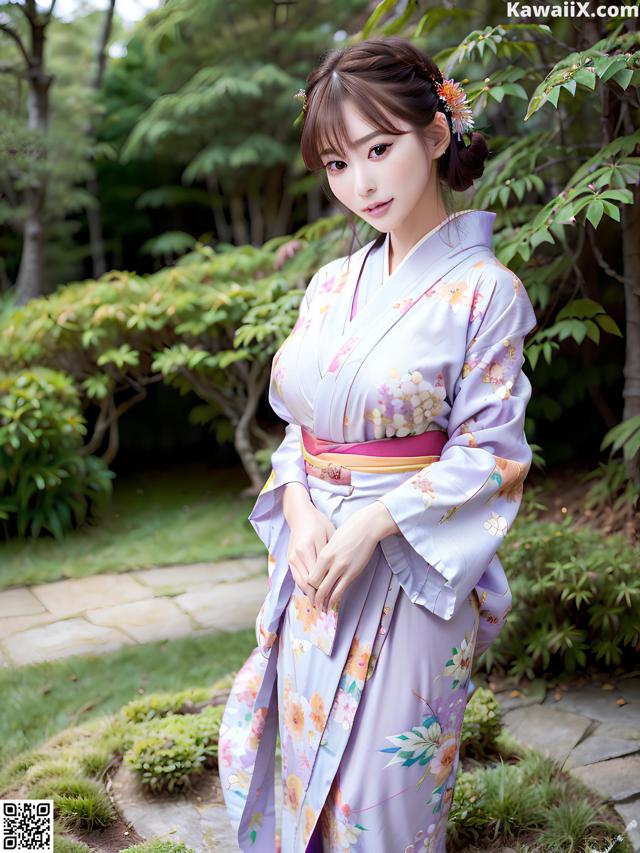A woman in a purple kimono posing for a picture.