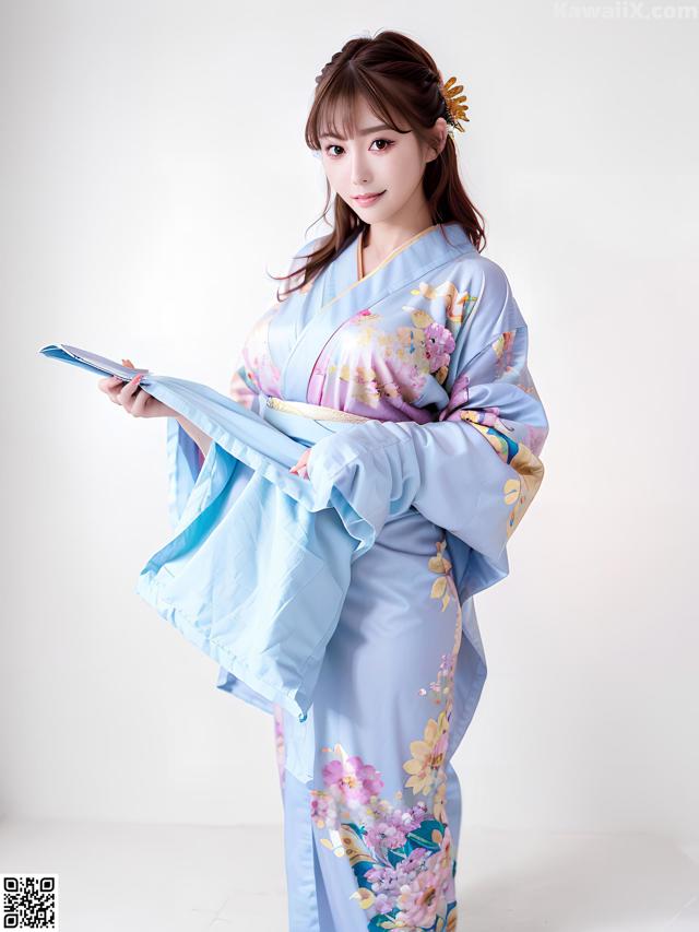 A woman in a blue kimono holding a book.