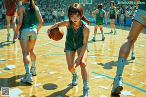 A woman in a basketball uniform dribbling a basketball on a court.