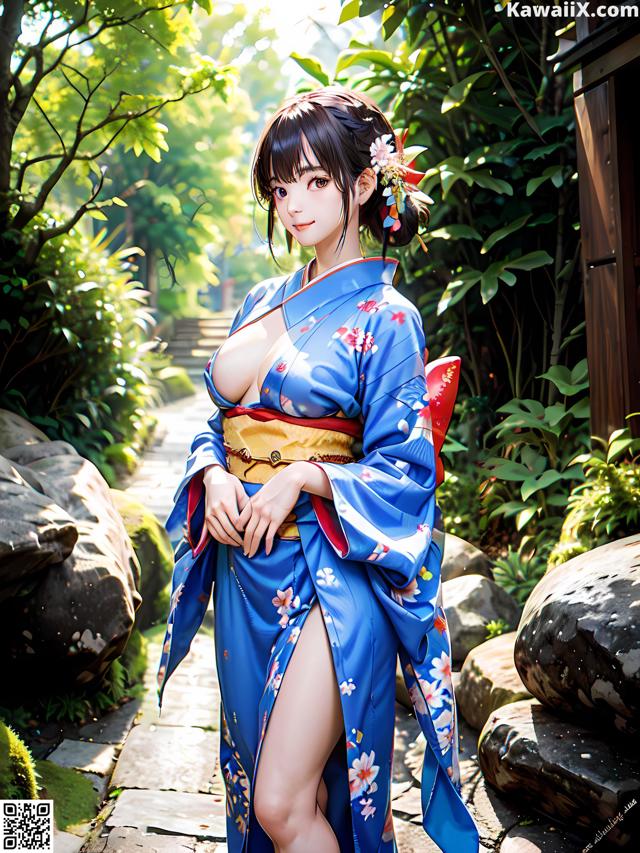 A woman in a blue kimono is posing for a picture.