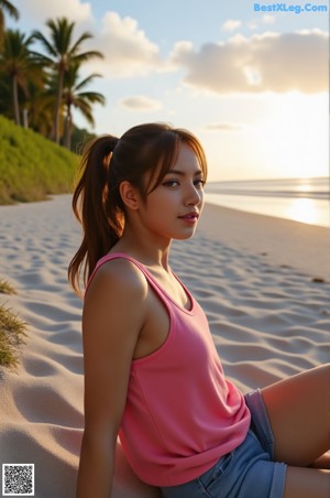 A woman in a pink dress leaning against a wall.