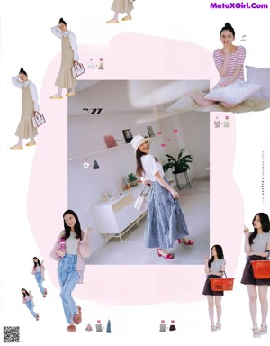 A magazine spread with a woman holding a pink flower.