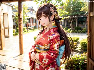 A woman in a kimono sitting on a bench in a park.