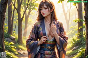 A naked woman in a kimono standing in the woods.