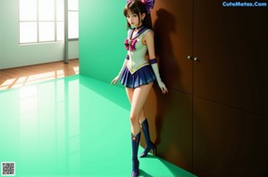 A woman in a blue and gold outfit holding a magic wand.