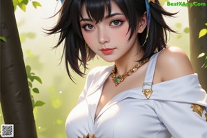 A woman in a blue and white outfit is walking down a path.