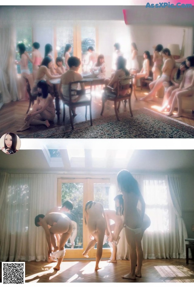 A group of naked women in a living room.