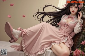 A girl in a pink dress with long black hair.