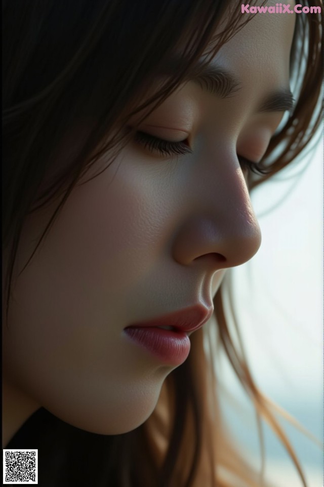 A close up of a woman's face with her eyes closed.