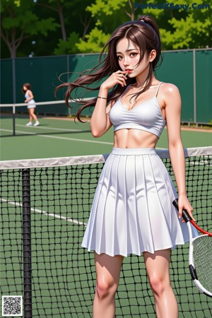 A woman with long black hair wearing a white tank top.
