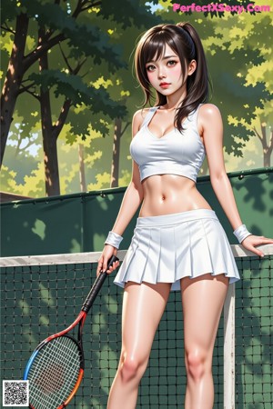 A woman holding a tennis racquet on a tennis court.