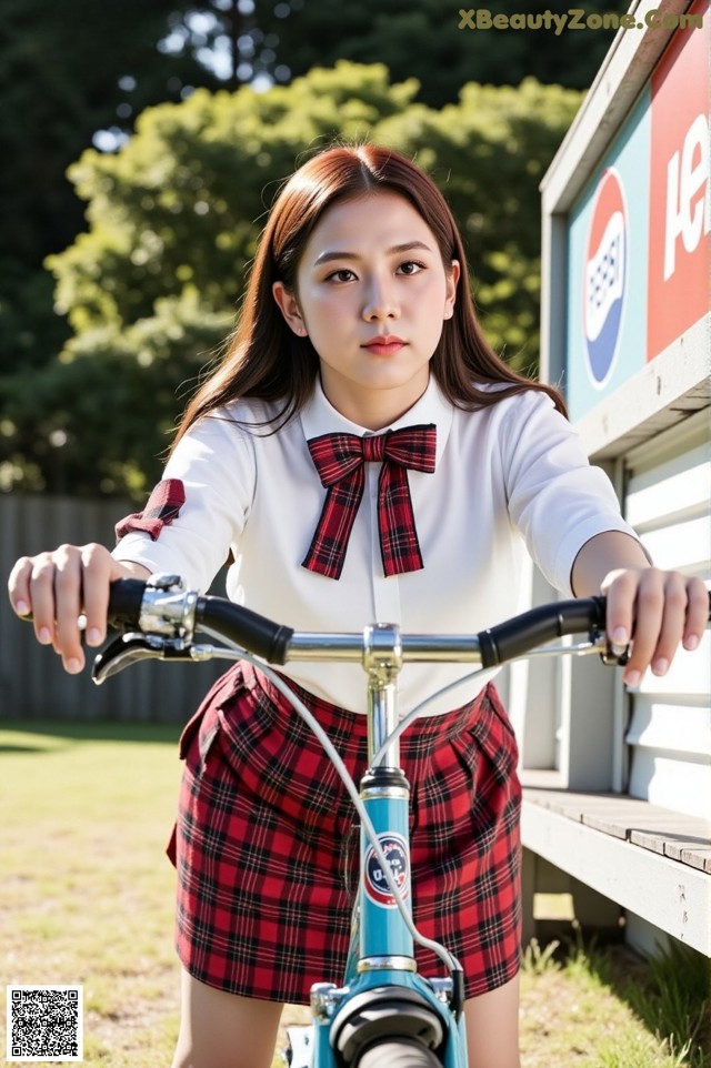 A young woman in a school uniform riding a bike.