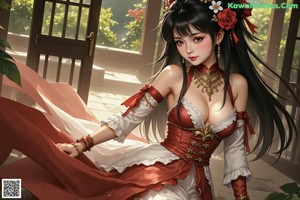 A woman in a white dress with a red sash.