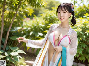 A woman in a kimono standing on a beach next to the ocean.