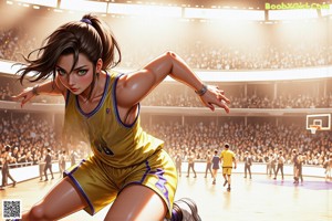 A woman sitting on a basketball court holding a basketball.
