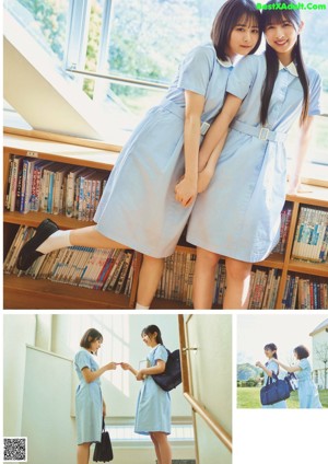 A couple of young women standing next to each other in front of bookshelves.