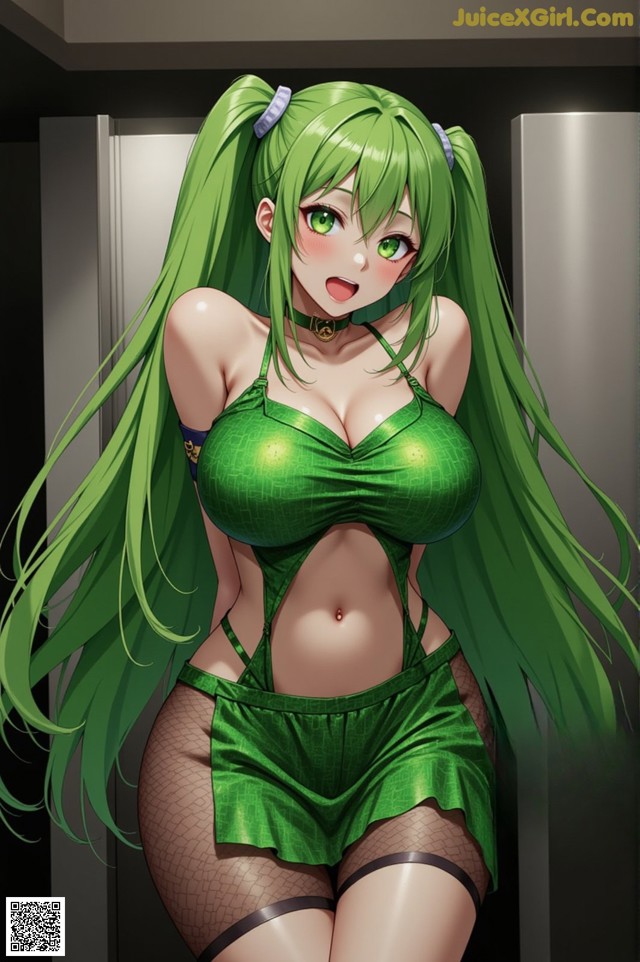 A woman with long green hair wearing a green bikini.