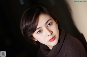 A woman in a pink and black kimono leaning against a wall.