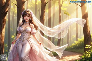 A woman in a wedding dress standing in the woods.