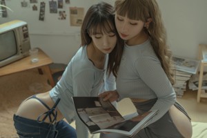 A couple of women sitting on top of a couch.