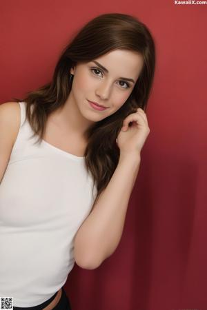 A woman sitting on a chair in a white shirt.