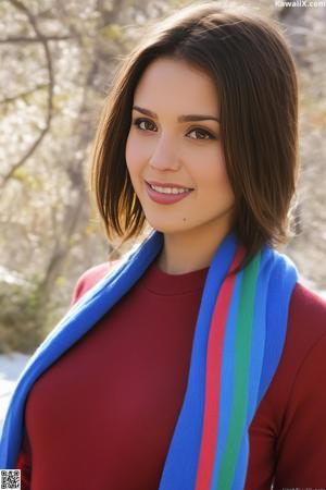 A woman in a blue and white striped sweater posing for a picture.