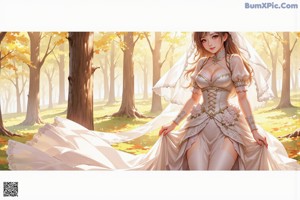 A woman in a wedding dress standing in the woods.