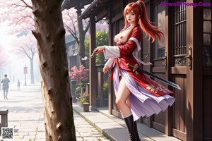 A woman in traditional attire holds a sword, with cherry blossoms in the background.