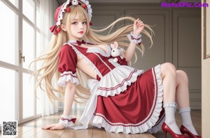 A girl in a maid outfit with long blonde hair.