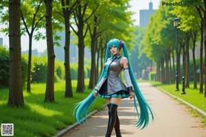 A woman with long green hair wearing a gray dress.