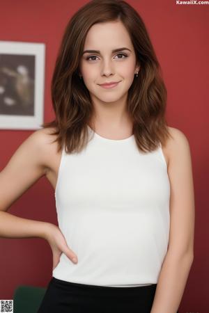 A woman in a white shirt and black skirt posing for a picture.