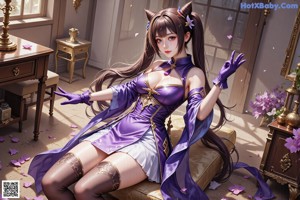 A woman in a purple and gold outfit posing for a picture.
