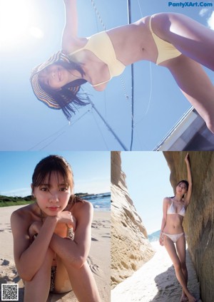 A woman in a bikini and glasses leaning against a window.