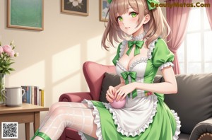 A woman in a green dress sitting on a white couch.