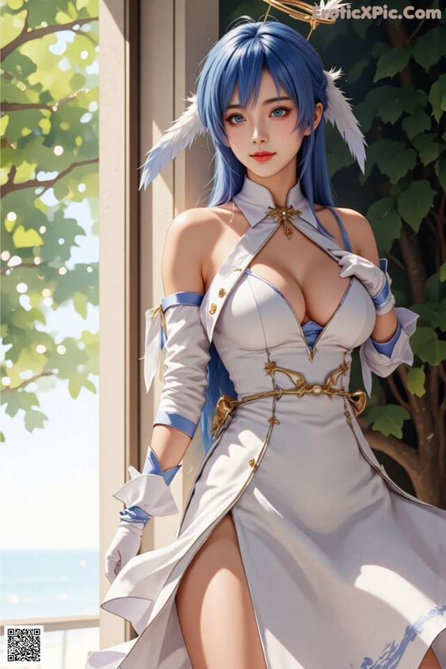 A woman in a white dress with blue hair and a crown on her head.