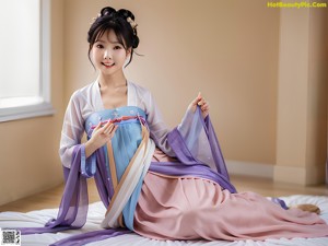 A woman in a pink and blue hanbok sitting on the floor.