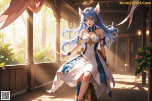 Anime girl with long blue hair sitting in the woods.