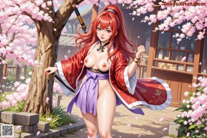 Woman in traditional attire with cherry blossoms in background.