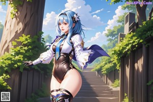 A woman with blue hair and a white cape is posing for a picture.