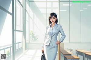 A woman in a business suit sitting on a chair.