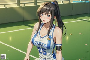 A woman in a basketball uniform dribbling a basketball on a court.