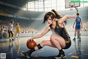 A woman in a basketball uniform dribbling a basketball on a court.