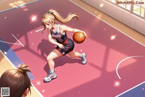 A woman in a blue and white uniform crouching on a basketball court.