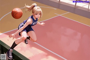 A woman in a basketball uniform dribbling a basketball on a court.